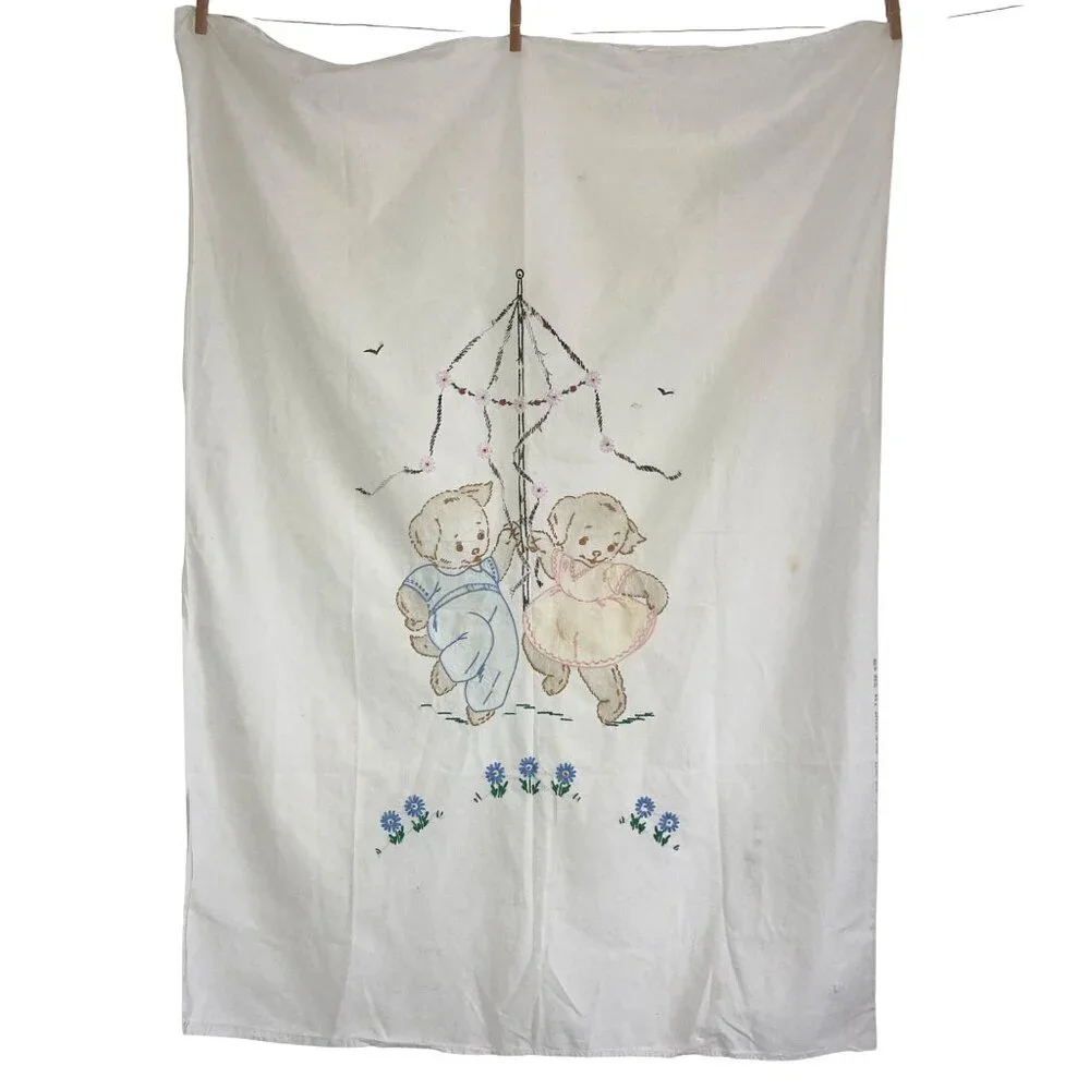 Vintage Hand Embroidered Applique Baby Crib Sheet Cover Puppies Dancing Maypole